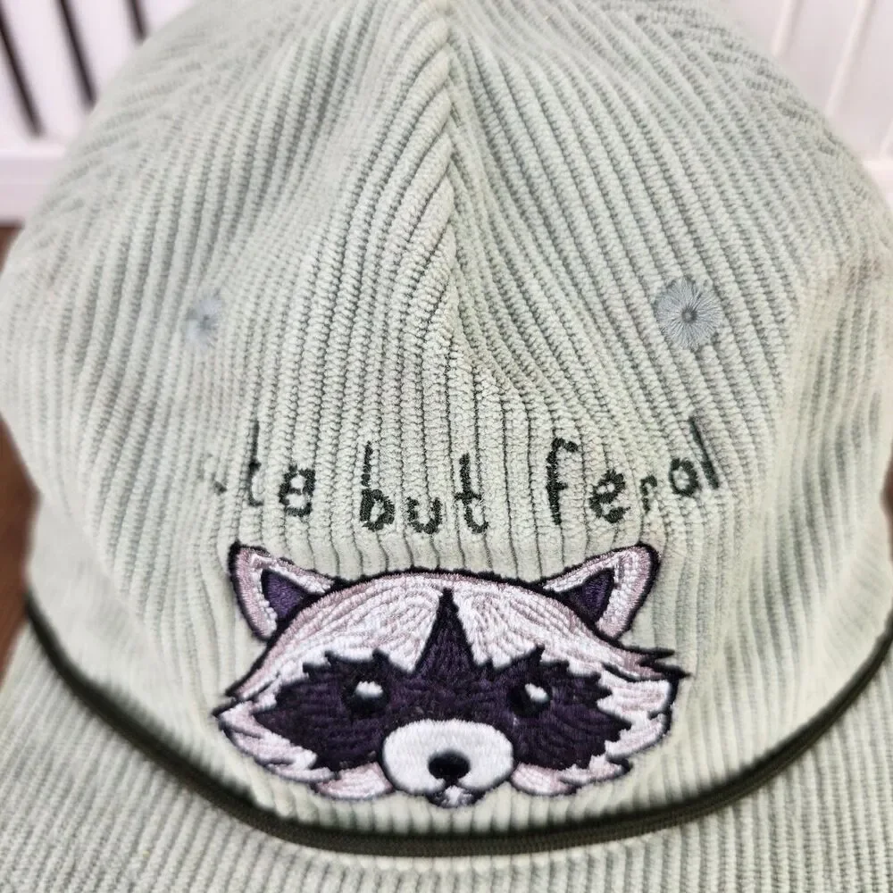 Weber's Resupply Cute But Feral Raccoon Strapback Hat Cap Green Corduroy Hipster